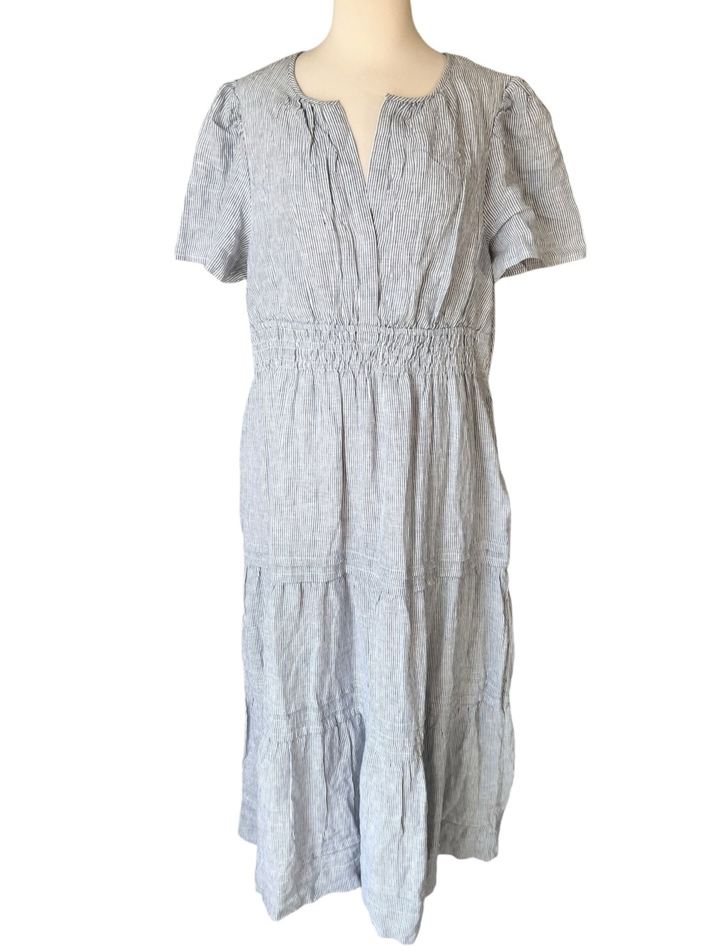Quince 100% European Linen Tiered Maxi Dress Blue Pinstripe